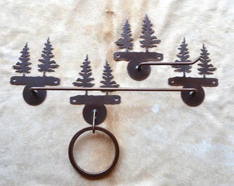 Rustic Copper Patina Towel Bar Set: Tree Lodge Bathroom Decor
