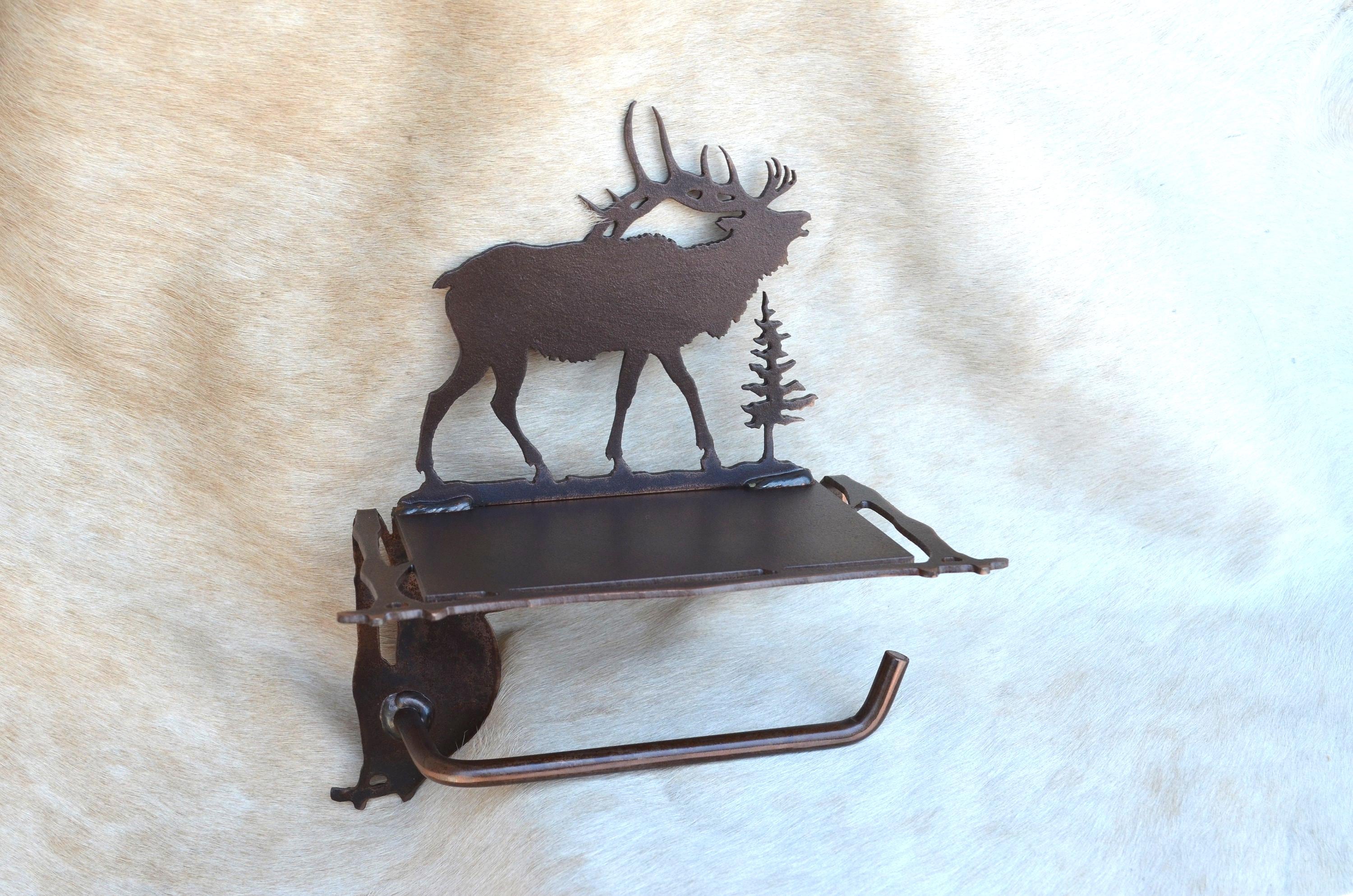 Rustic Elk Toilet Paper Holder With Shelf: Patina Bathroom Decor