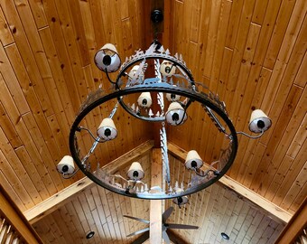 Grand Tiered Chandelier Handmade Luxury Lighting 60 inch Base Metal Ring Mountain Lodge Elk Deer Moose Bear or Western Cowboy and Cattle