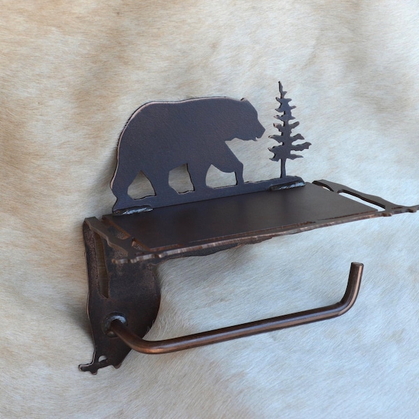 Rustic Bear Toilet Paper Holder with Shelf: Cabin Bath Decor