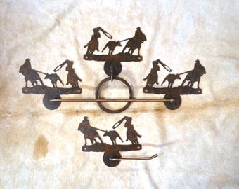 Handmade Team Roping Cowboy Bathroom Hardware Set: Rustic Copper Patina