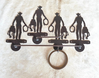 Handmade Cowboy with Saddle Bathroom Hardware Set. Cowboy Towel bar, Towel Ring, Toilet Paper Holder. Rustic Lodge Cowboy Decor