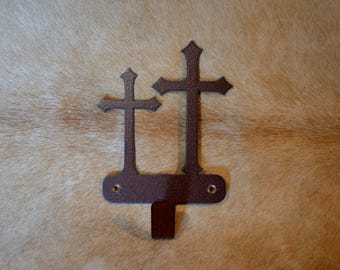 Rustic Cross Wall Hook: Powder Coat Brown Metal Christian Art