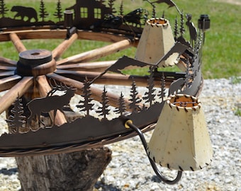 Wagon Wheel Western Chandelier: Handmade Artisan Lighting Sheepskin Shades Metal Lighting Authentic Wagon Wheel Large Statement Chandelier