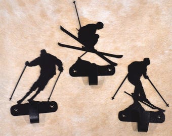 Skiers Wall Hook Set: Metal Ski Wall Art, Coat Hook Entry Organizer Ski Lodge Gift