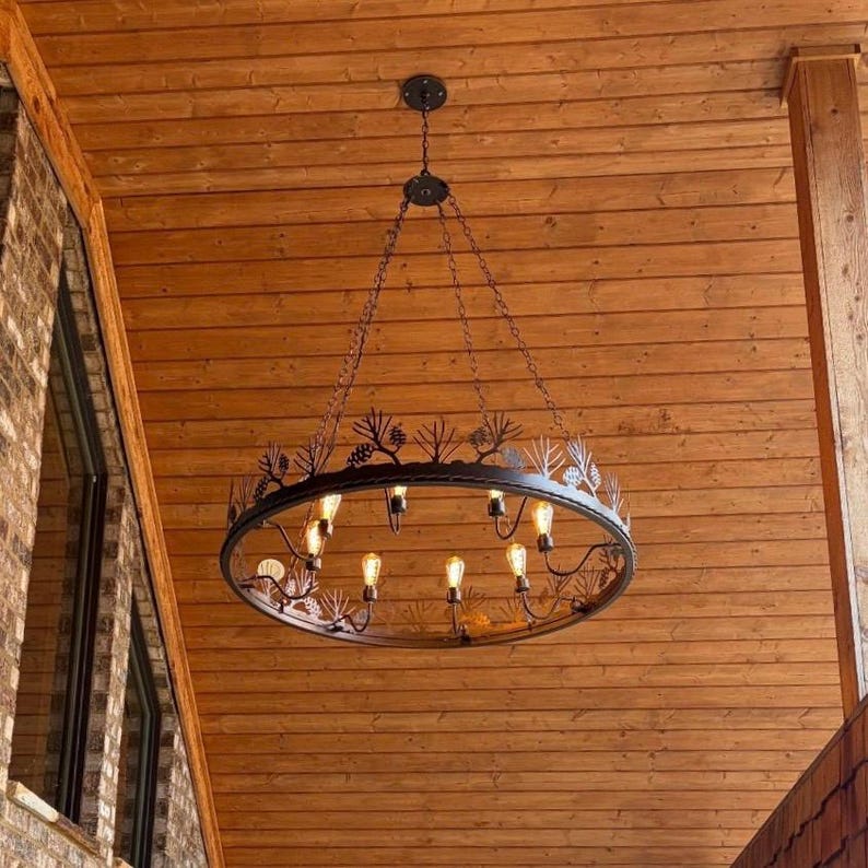 Pinecone Chandelier: Mountain Lodge Lighting Metal Ring Light Handmade in the USA image 2