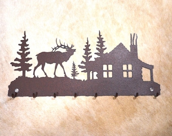 8 Hook Metal Key Hanger: Rustic Lodge Scene - Elk, Deer, Bear, Moose