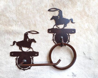 Roping Western Towel Bar Set: Cowboy Bathroom Decor Handmade Metal Towel bar, Towel Ring, Toilet Paper Holder with Barbwire Accent
