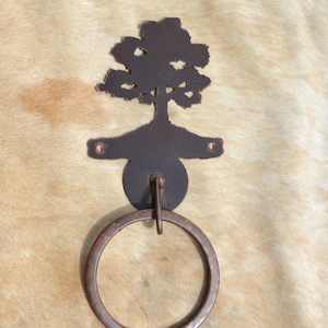 Towel Ring Mighty Oak Rustic Lodge Tree Towel Ring Cabin Bath Decor Handmade Metal Oak Tree Bathroom Lake house Decor Gift