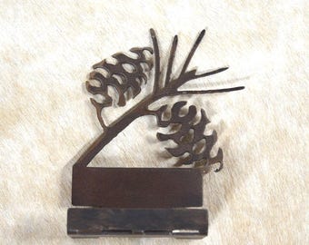 Rustic Pinecone Metal Business Card Holder: Lodge Desk Accessory