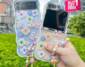 Floral Clear Phone Case with chain For Samsung Zflip 5, For Samsung Zflip 4, For Samsung Zflip 3 Clear Phone Case
