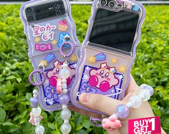 Pink Monster Violet Clear Phone Case with chain For Samsung Zflip 5, For Samsung Zflip 4, Zflip 3,For Motorola Razr Plus