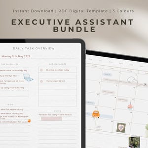 May include: Digital Executive Assistant Bundle template featuring a daily task overview and a monthly calendar. The daily overview includes sections for priorities, appointments, and notes. The calendar shows a monthly view with icons and notes.