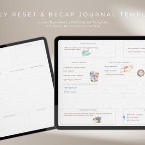 Könnte beinhalten: Zwei digitale Tablets mit einer Vorlage für ein tägliches Reset- und Recap-Journal. Der Text auf dem Bildschirm umfasst "Highlights des Tages", "Erledigte Aufgaben" und "Aufgaben, die zu erledigen sind". Die Vorlage ist in 3 Farben, horizontal und vertikal verfügbar.
