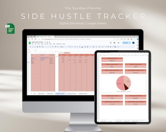 May include: A digital spreadsheet for tracking side hustle income and expenses. The spreadsheet is open on a computer screen and shows a chart with a pie graph and a table with columns for date, income, and expenses. The spreadsheet is titled "Side Hustle Tracker".