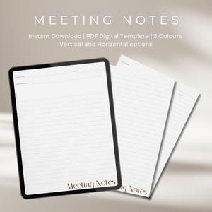 May include: A digital template for meeting notes, with lined pages in a vertical format. The template is available in three colors and can be downloaded instantly as a PDF file. The text "Meeting Notes" is visible on the page.