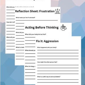 May include: A stack of white worksheets with black text. The worksheets are titled "Fix-It Ticket: Distracting Others", "Reflection Sheet: Frustration", "Acting Before Thinking", and "Fix it: Aggression". The worksheets have lines for writing.
