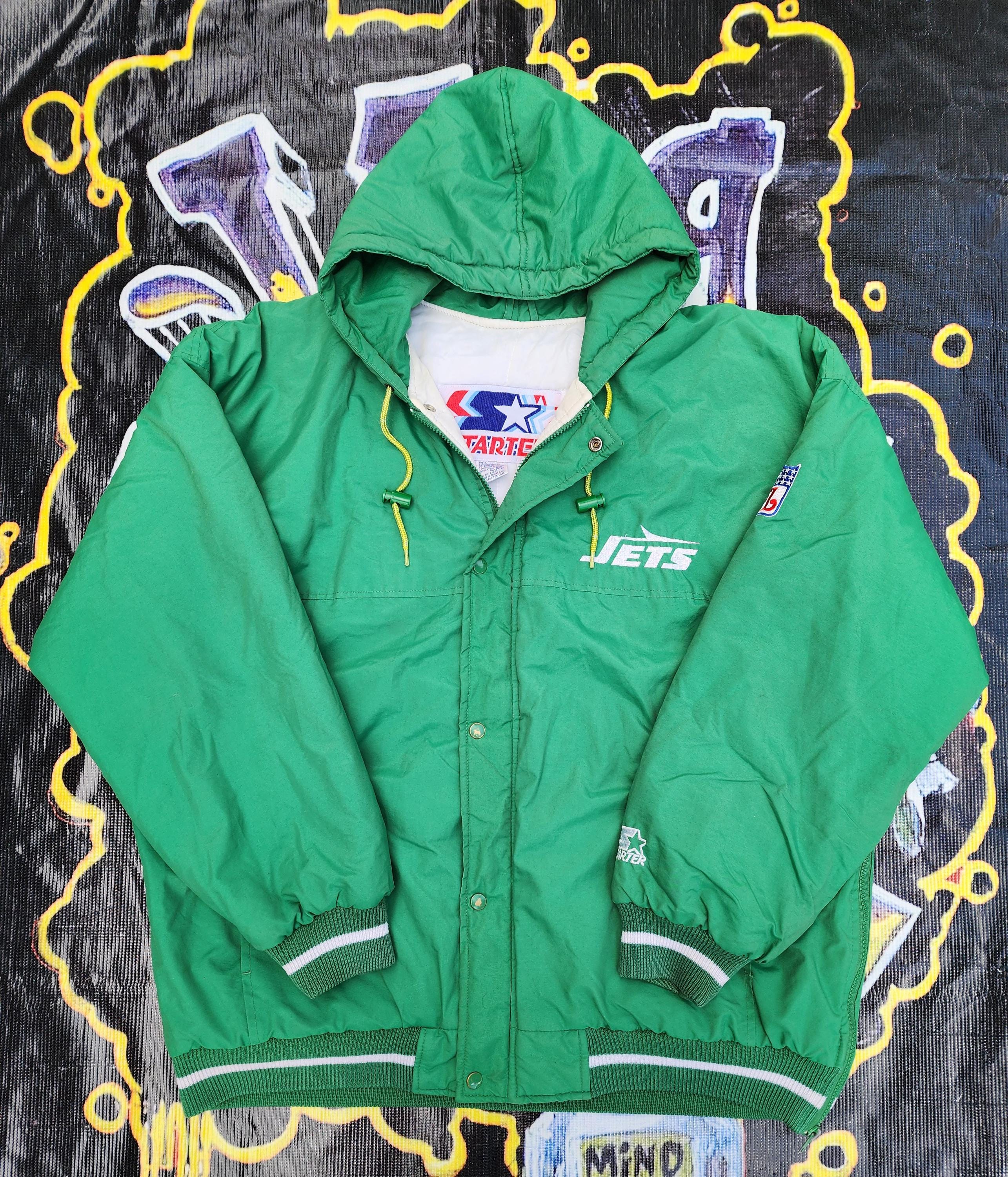 【1987年USA製】トラッカートラック Tracker スウェット ビンテージ Vintage 1990s New York Jets Starter Parka Trench Jacket XL Kelly