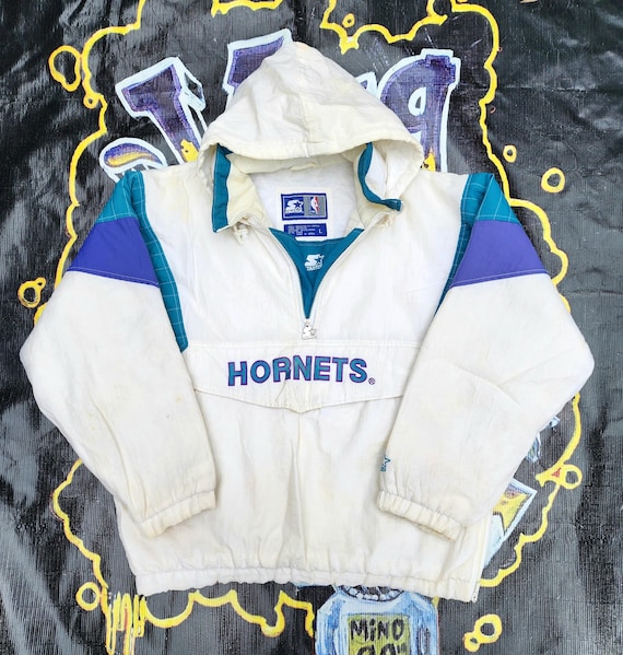 RARE!!! White Vintage 90s Charlotte Hornets Starter Pouch Jacket