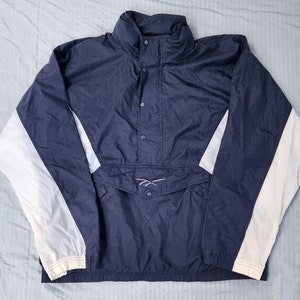 Vintage 1990s Reebok Blue White Windbreaker Jacket Large Tuck Away Hood
