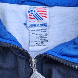 Op de afbeelding: Close-up van een vintage Apex One jassetiket. Het label toont het World Cup USA '94 logo, met een rood, wit en blauw ontwerp. De jas is zwart en blauw, met een rits en het Apex One logo op de ritstrekker.