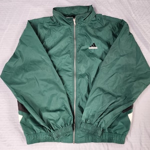 Vintage 1990s Adidas Green Black White Tuck Away Hood Windbreaker Large