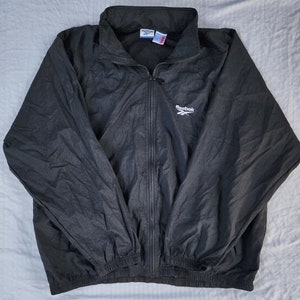 Vintage 1990s Reebok Black White Logo Tuck Away Hood Windbreaker XL
