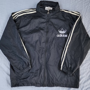 Vintage 1990s Adidas Black White Mesh Lined Tuck Away Hood Trefoil Windbreaker Medium