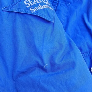 May include: Close-up of a vibrant blue jacket. A white patch on the upper left chest displays the text "SEATTLE Seahawks" in a curved font. The jacket has a simple design with a few visible seams and a button.