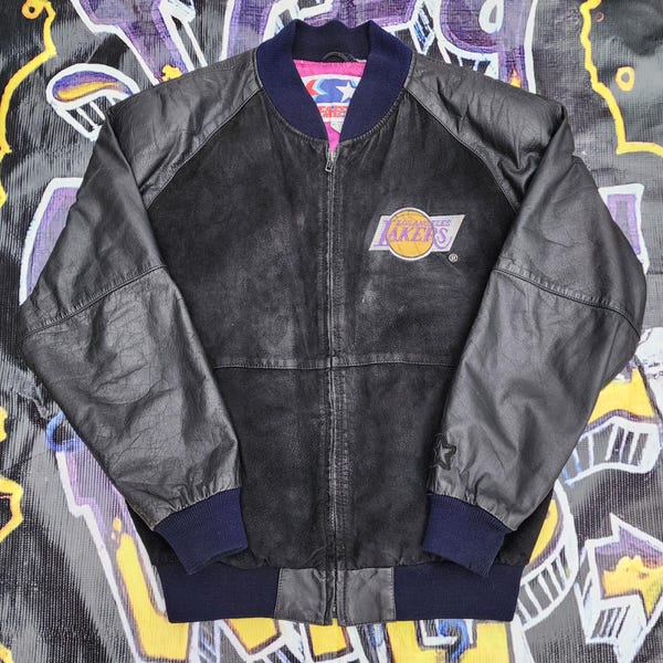 Rares !!! Blouson aviateur Los Angeles Lakers Starter vintage des années 1990 en cuir suédé, manches moyennes