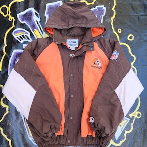 Vintage 1990s Cleveland Browns Starter Quilt Jacket Large Brown Orange NFL vtg