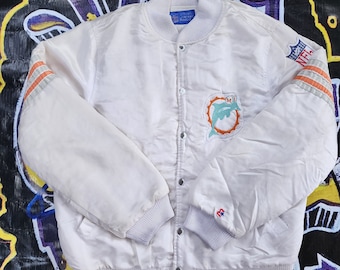 Chaqueta vintage de satén blanco Escudero de los Miami Dolphins, años 90, talla mediana