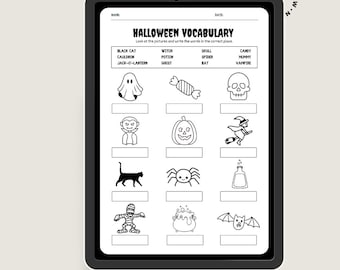 Puede incluir: Hoja de trabajo imprimible en blanco y negro con palabras de vocabulario de Halloween e imágenes. Las palabras son: gato negro, caldero, calabaza, bruja, poción, fantasma, calavera, araña, murciélago, caramelo, momia, vampiro.