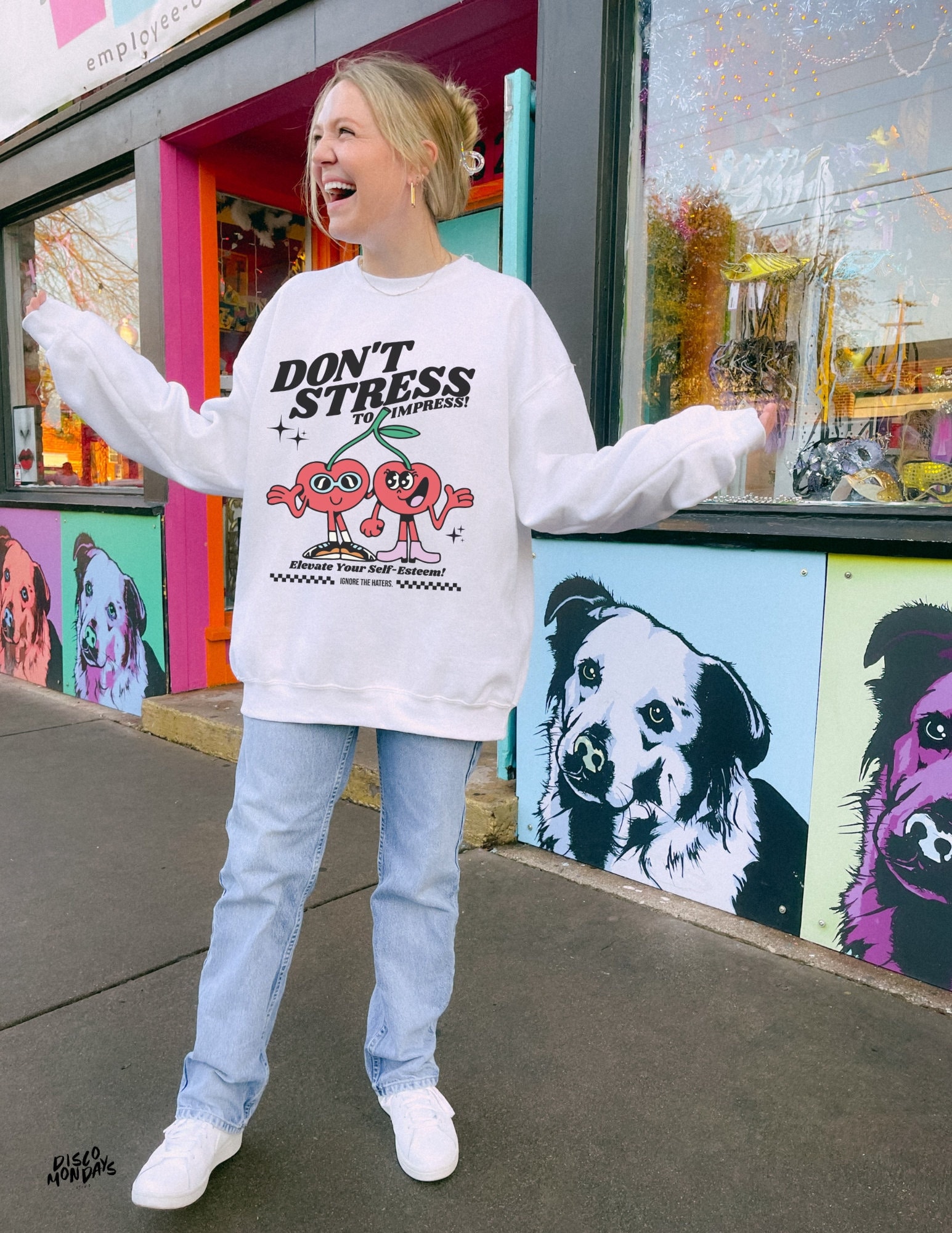 Don't Stress to Impress Retro Cherries Crewneck Y2K Mental Health Gifts