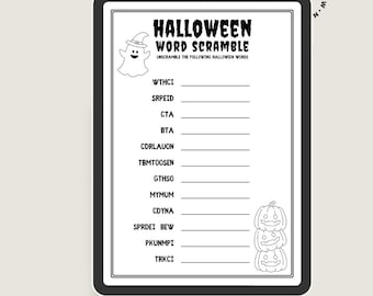 Puede incluir: Juego de palabras encriptadas de Halloween imprimible en blanco y negro con ilustraciones de un fantasma y una calabaza.  Descifra las siguientes palabras de Halloween: WTHCI, SRPEID, CTA, BTA, CDRLAUON, TBMTOOSEN, GTHSO, MYMUM, CDYNA, SPRDEI BEW, PKUNMPI, TRKCI.
