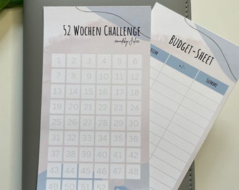 52 Wochen Challenge blau/beige optional mit Budget Sheet und Klebepunkten / Umschlagmethode / Budget Binder