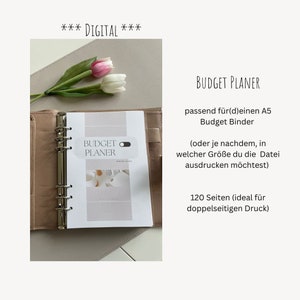 Könnte beinhalten: Ein digitaler Budgetplaner zum Ausdrucken im A5-Format mit 120 Seiten, ideal für einen Ringbuchbinder. Der Planer hat ein minimalistisches Design mit den Worten "BUDGET PLANER" in einer einfachen Schriftart.