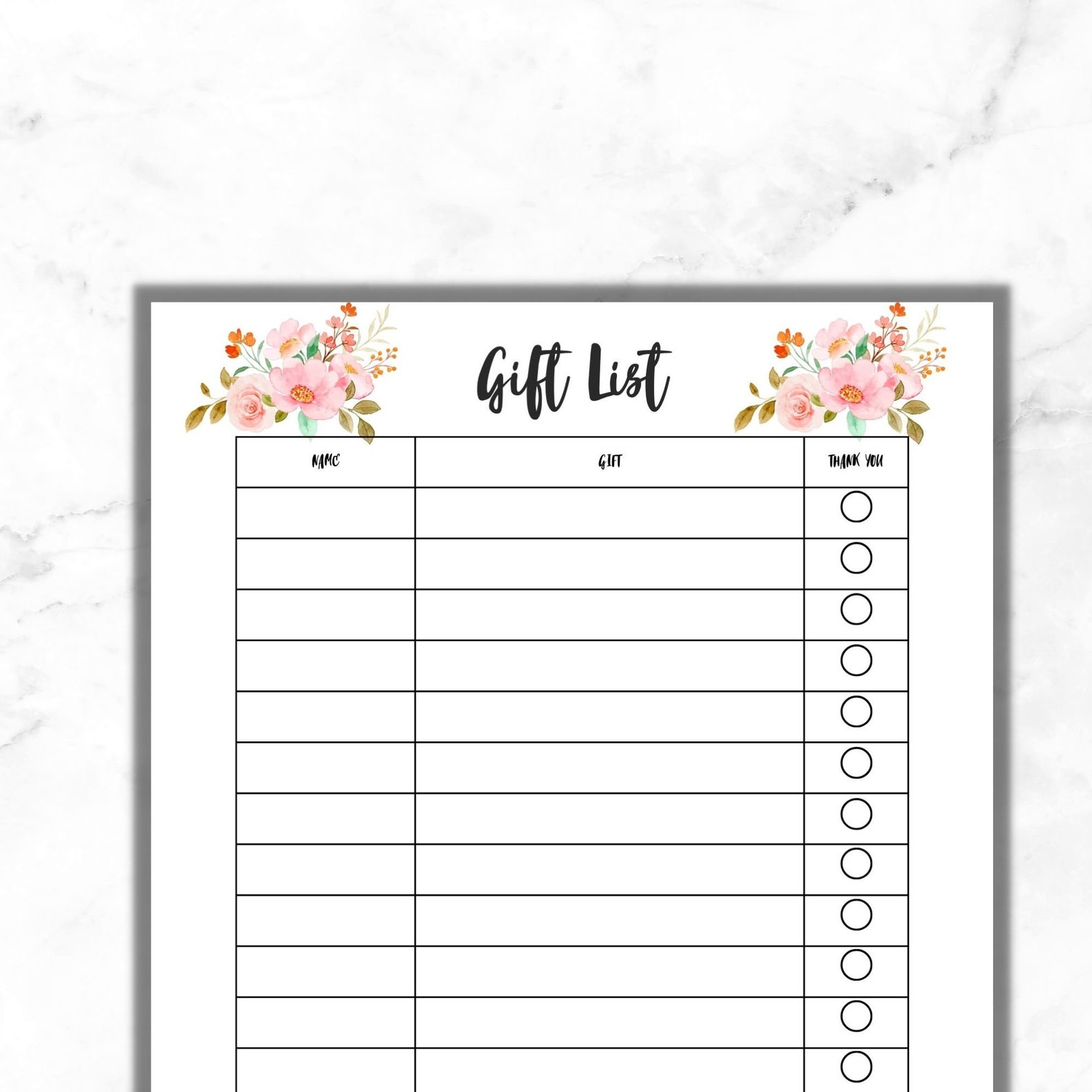 Printable Gift List, Wedding Shower Gift List, Baby Shower Gift List ...
