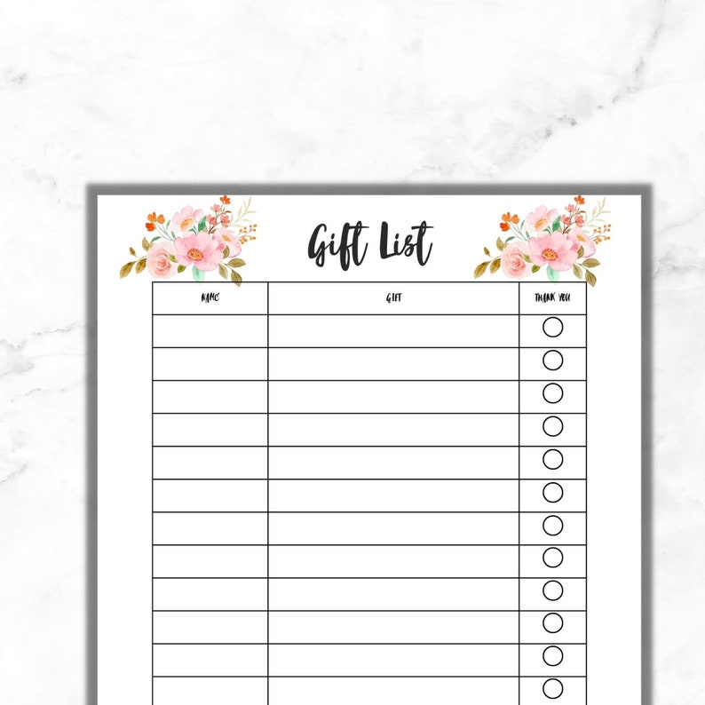 Printable Gift List, Wedding Shower Gift List, Baby Shower Gift List ...