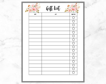 Printable Gift List, Wedding Shower Gift List, Baby Shower Gift List, Gift Tracker