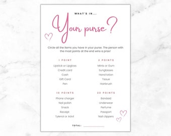 What's In Your Purse Bridal Shower ou Baby Shower Jeu imprimable téléchargeable