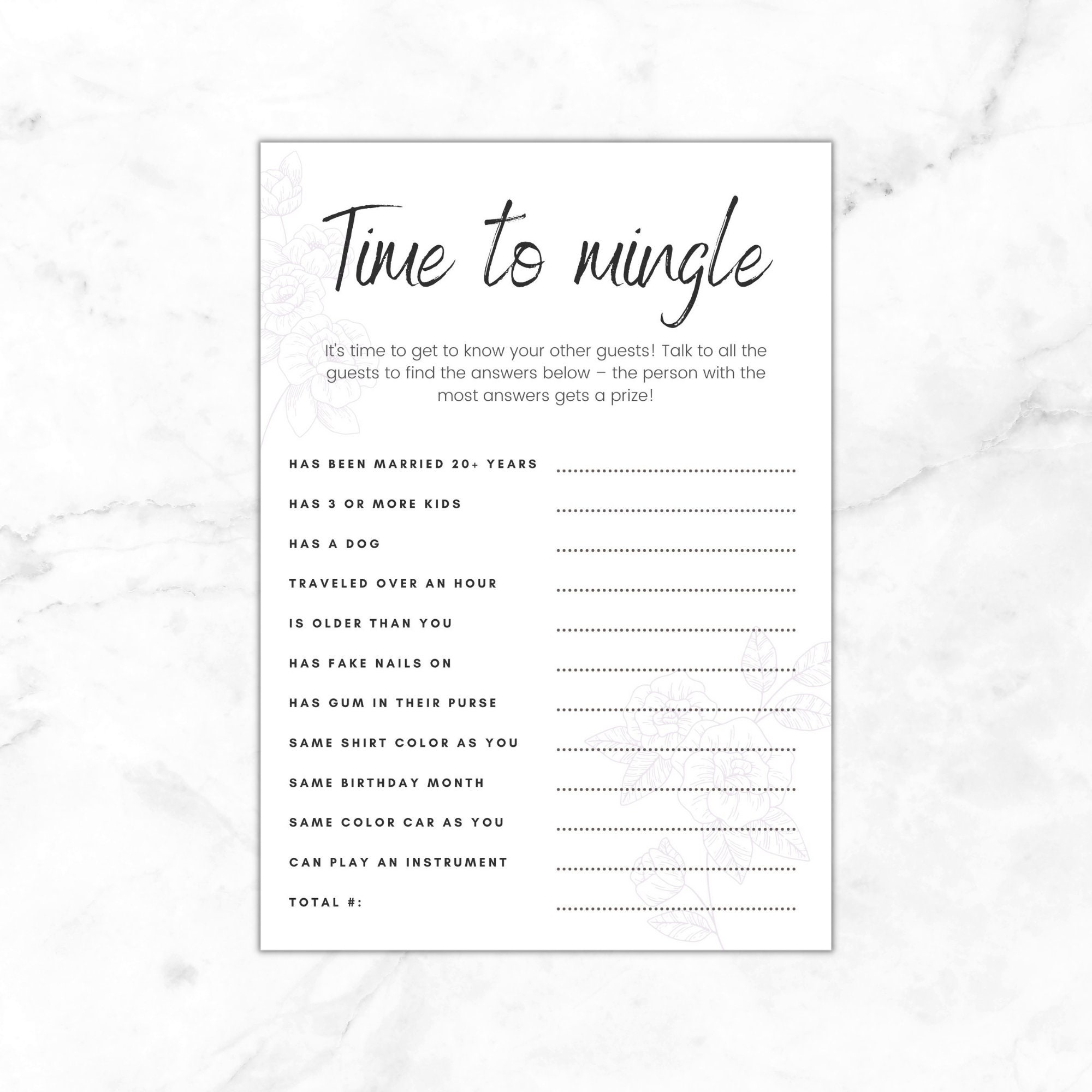 Time to Mingle Printable Bridal or Baby Shower Game, Downloadable