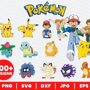 May include: A collection of colorful Pokémon character designs, including Pikachu, Ash, and others. The image features the word "Pokémon" in a yellow and blue font, along with the text "400+ DESIGNS" and file type options.