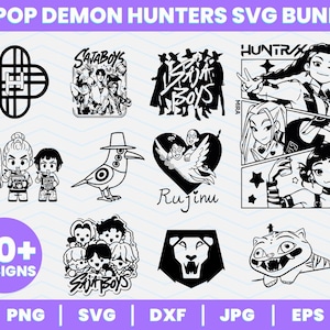 Könnte beinhalten: Eine Sammlung von schwarz-weißen K-Pop Demon Hunters SVG-Designs. Die Designs umfassen Illustrationen von Charakteren, Gruppen und Symbolen. Der Text "50+ DESIGNS" ist ebenfalls enthalten, sowie Dateityp-Optionen: PNG, SVG, DXF, JPG und EPS.