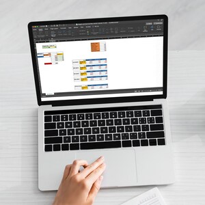 May include: A laptop computer with a spreadsheet open on the screen. The spreadsheet contains data and formulas. A person's hands are visible on the keyboard and trackpad.