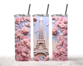 3D Eiffel Tower Pink Roses 20 oz Skinny Tumbler • 3D Paris design Tumbler • Custom Tumbler • Personalized Gift • 20oz