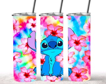 Stitch 20oz Skinny Tumbler with Stitch Keychain, Stitch Pink Hibiscus, Custom Tumbler