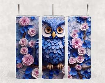 3D Owl Pink Roses 20 oz Skinny Tumbler • Custom Tumbler • Personalized Gift • 20oz