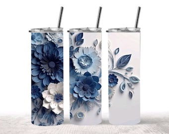 3D Blue Spring flowers Tumbler • 3D Floral design Tumbler • Custom Tumbler • Personalized Gift • 20oz