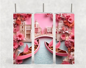 3D Venice Gondolas Pink Flowers 20 oz Skinny Tumbler • 3D Floral design Tumbler • Custom Tumbler • Personalized Gift • 20oz